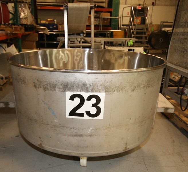 (20) 200 Gallon Portable Round Column Dump Totes, Stainless Steel. Mounted on Wheels. 49