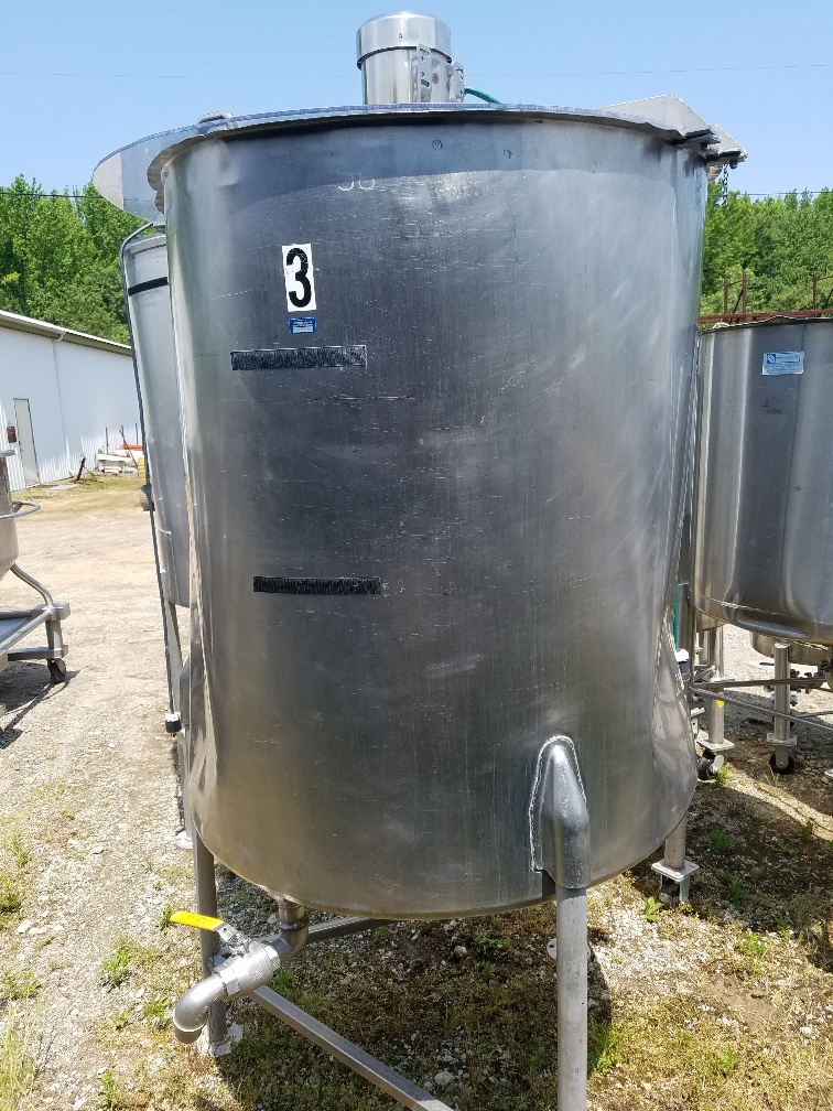 ***SOLD*** used 300 gallon Stainless Steel Mix Tank. Has stainless steel motor mixer drive with stainless steel shaft and blades.  2/1.5 HP.  Slope bottom, 42