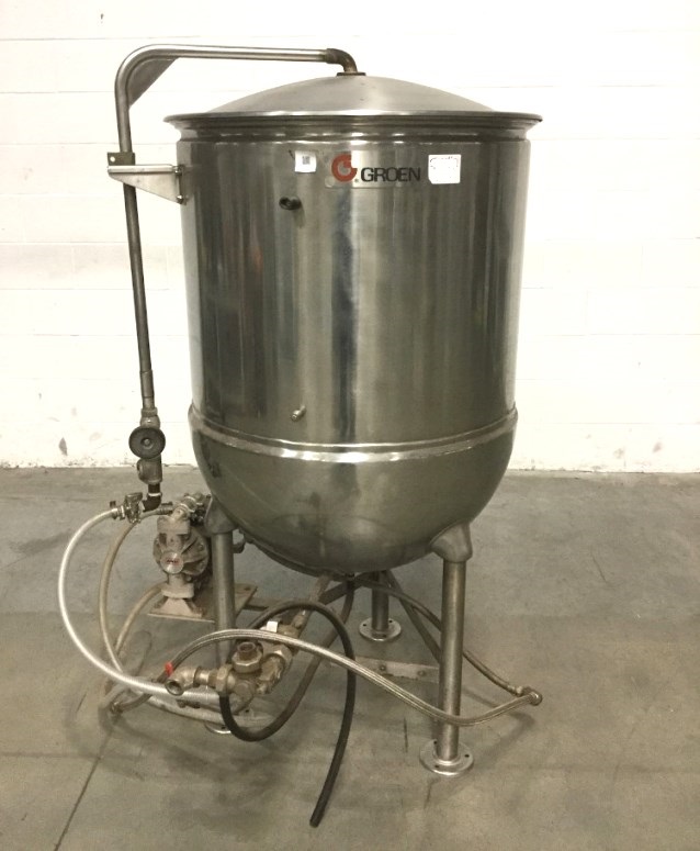 Used Groen 80 gallon Model KR-80 Jacketed Steam Sanitary Kettle.  Has lift out basket and recirculation pump. Jacket rated 25 PSI @ 300 Deg.F. S/N T23912.  NB# 3912.  28.5