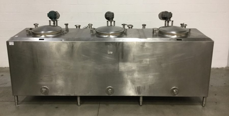 ***SOLD*** Cherry-Burrell 3 Compartment Stainless Steel Jacketed Mixing Flavors Tank. Sanitary. Each Compartment is approx. 230 gallons each (690 gal total), 32