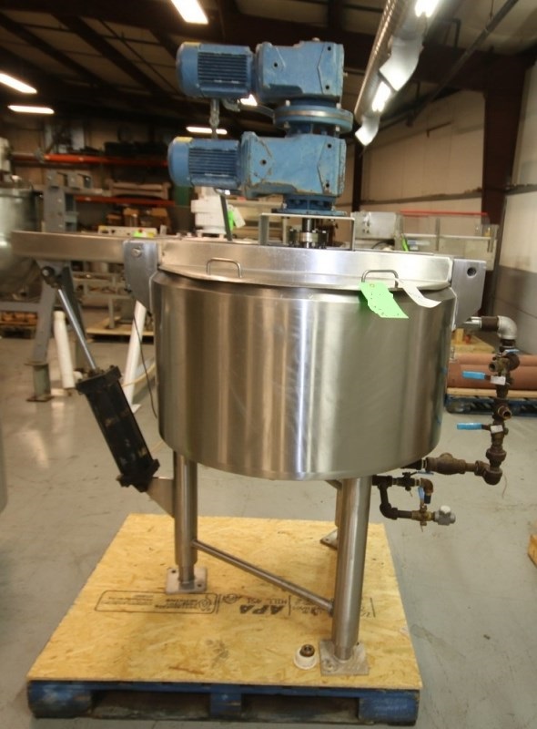 ***SOLD*** used 50 Gallon Double Motion Jacket Mix Kettle Built by Cherry Burrell. Aprox. 50 Gal. Double motion scrape surface agitation. Jacket rated 150 PSI @ 400 Deg.F. Hinged Lid Processor. S/N E-458-90.  Driven by SEW 1 hp @ 1760 rpm 230/460V, 3Ph Drive Motors, Pneumatic Bridge lift out assist. Sanitary. Unit is 3' dia. x 18