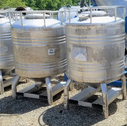 (5) used 800 Liter (~200 gallon) Stainless Steel Sanitary tanks/Totes. Built by Sharpsville Container. 40