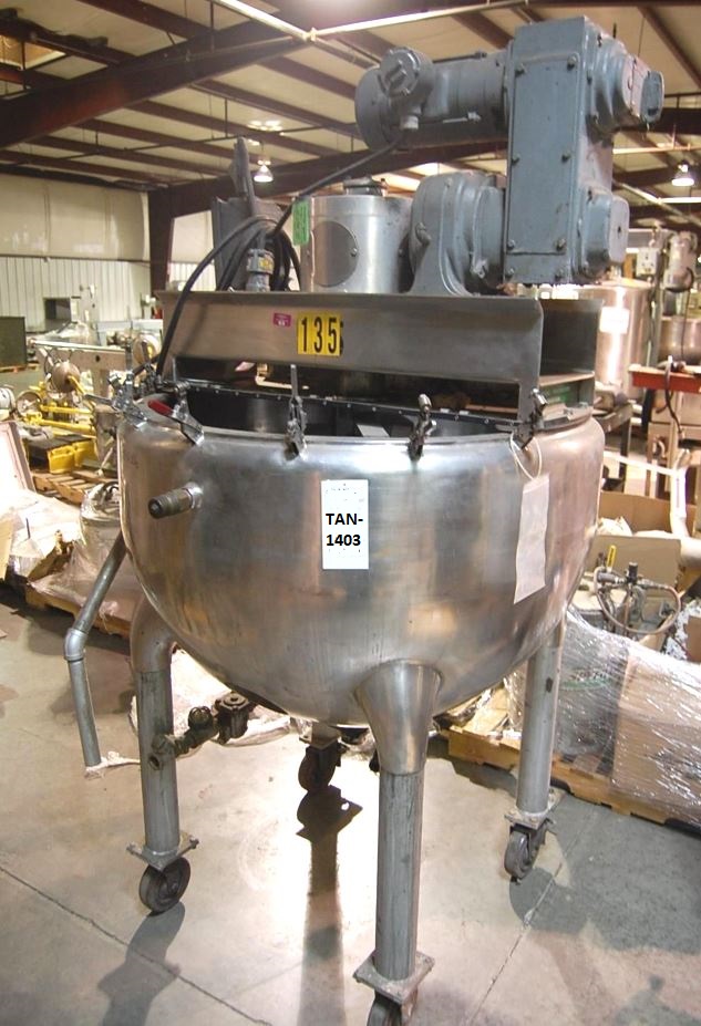 used 100 Gallon Hamilton Stainless Steel Double Motion Jacketed Mix Kettle. Style SA, Vertical, 36