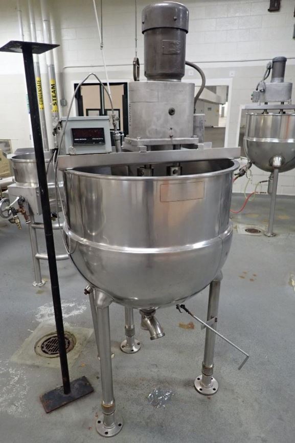 ***SOLD*** used GROEN 80 Gallon Stainless Steel Double Motion Jacketed Mix kettle. Model N-80. Has sweep with scrapers and tree mixers. Jacketed rated 125 PSI @ 353 Deg. F. Stationary baffle for temperature probe with digital readout, SS legs. Last used in sanitary food plant. 