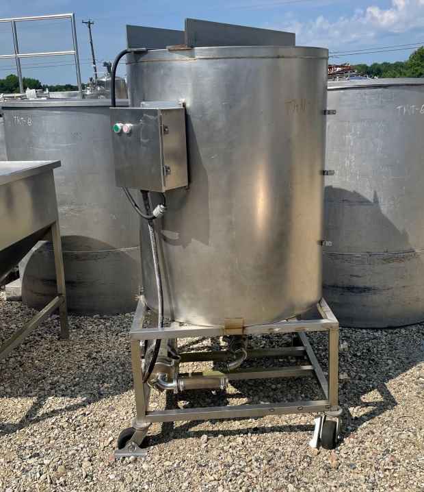 ***SOLD*** used 170 Gallon Stainless Steel tank mounted on portable cart with pump. 3' dia. x 3'8