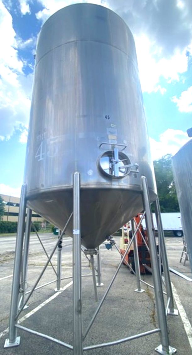 ***SOLD*** used 9000 Gallon Sanitary Stainless Steel Mix Tank built by Cherry Burrell.  Cone Bottom and Dish Top. 10' Dia. x 14' T/T.  Cone bottom is approx. 3'4