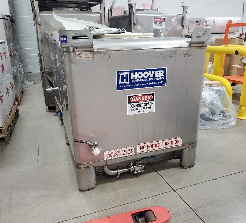 ***SOLD*** 350 Gallon Hoover Stainless Steel Tote with valve, last used for food products. 48