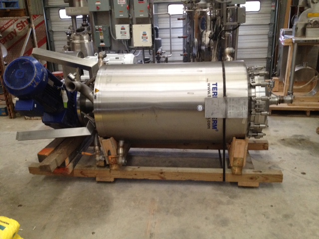 ***SOLD***used 47 ft2 (4.4 M2) Terlet Terlotherm Model T2-6 Scraped Surface Heat Exchanger, wiped film.  316L Stainless steel shell rated 145 PSI.  304 SS Jacket rated 87 psi.  Product volume 34 gallon (130 Liter).  Unit equipped with 6 wiper arms with 48 blades. Driven by 22 Kw (30 HP, 230/460/60/3, 78 RPM output motor.  The machines have the latest updates on sanitary hygienic design including USDA Dairy guidelines. Applications include: Heating, aseptic cooling, deep cooling, crystallization, tempering, sterilization, pasteurization, polymerization, gelling, setting starch mixtures, coulli preparation. Last used for cooling sauces in food plant (sanitary). Can also be used for heating. 
