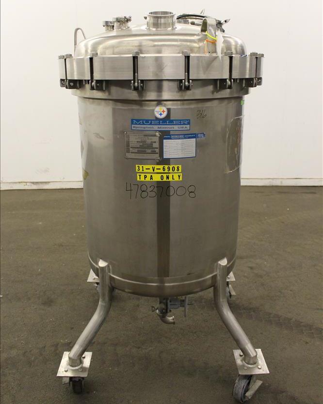 ***SOLD*** used 113 Gallon (430 Liter) Mueller Model F Stainless Steel Vertical Pressure/Vacuum Tank, S/N P-17146-2 , 316L Stainless Steel, Vertical. 30