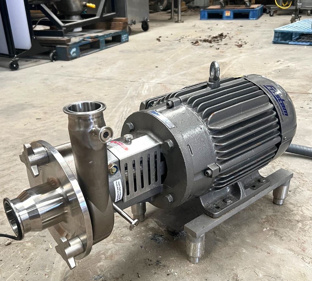 FRISTAM sanitary centrifugal pump Model FPR3522-130 driven by 7.5 HP motor. Stainless steel. 2.5