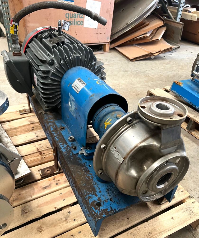 Geiger Stainless Steel Centrifugal Pump 1 x 2.  Powered by 15 HP Motor. Previously used in sanitary food and beverage plant