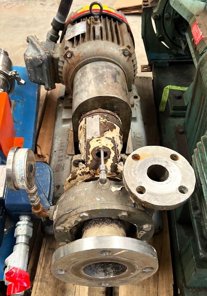 Goulds 3199 Centrifugal Pump 1.5 x 3 x 6. Driven by 5 HP, Westinghouse motor. Previously used in sanitary food and beverage plant