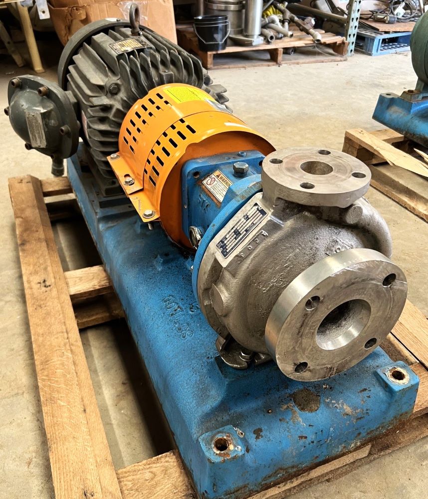 ***SOLD*** Goulds Model 3196 Stainless Steel Centrifugal Pump 1.5X3-8. 316 Stainless Steel. Powered by 15 HP, 3525 RPM Baldor Motor. Previously used in sanitary food and beverage plant.