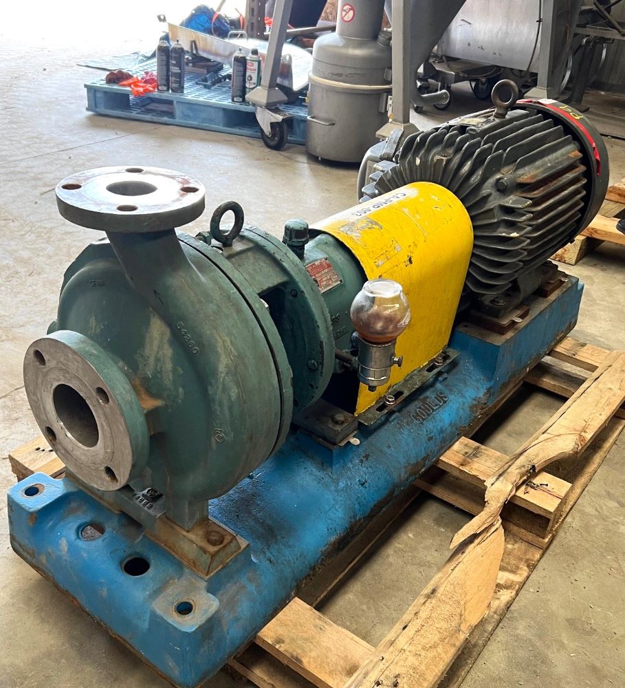Goulds Model 3196MT Stainless Steel Centrifugal Pump 2X3-10. 316 Stainless Steel. Powered by 20/15 HP, 3515/2920 RPM Baldor Motor. Previously used in sanitary food and beverage plant.
