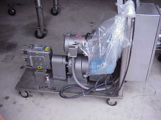 (1) Stainless Steel, rotary lobe, Waukesha Sanitary Pump.  Size 30.  Vari-drive (varible speed) motor, 2 HP, 200-230/460 V, 1710 RPMi, 45.2 - 452 RPMo, ratio 9.46:1.  Has Allen Bradley control panel.  Portable on wheels.  Missing head.  (can be sold in parts, Waukesha Parts)
