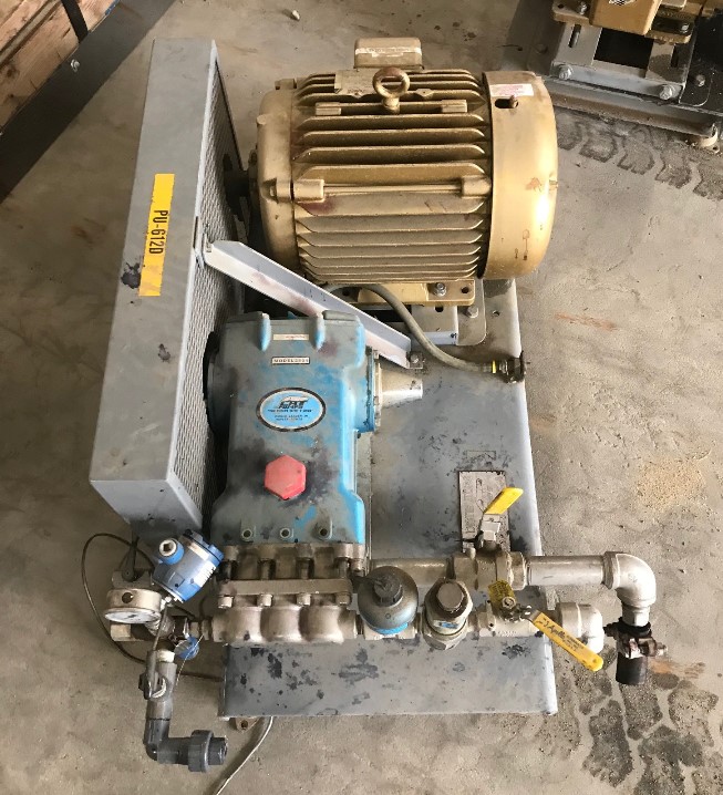***SOLD*** 2-used Cat Pumps model 2531 high pressure triplex positive displacement, reciprocating plunger pump. 316 Stainless Steel. Rated 11.5 GPM @ 1000 PSI. Driven by 15HP, 230/460 volt, 1765 rpm motor. 