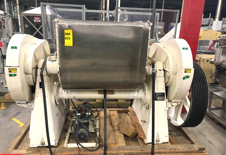 ***SOLD*** used Jaygo Jacketed Double Arm/Sigma Blade Mixer/Blender, Model M57. 350 liters (92 Gallon) working capacity (top of blades in vertical position). 500 liters total capacity (top flange).  S/N 107016. Approx Trough Dimensions Left to Right = 36