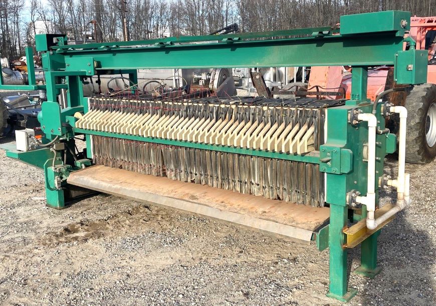 Used Netzsch 24″ X 24″ (630mm) model 630-45 recessed polypropylene filter press. (44) plates plus (2) end plates. Has Plate Shifter. Center feed, open discharge. Air/hydraulic assist closure. 