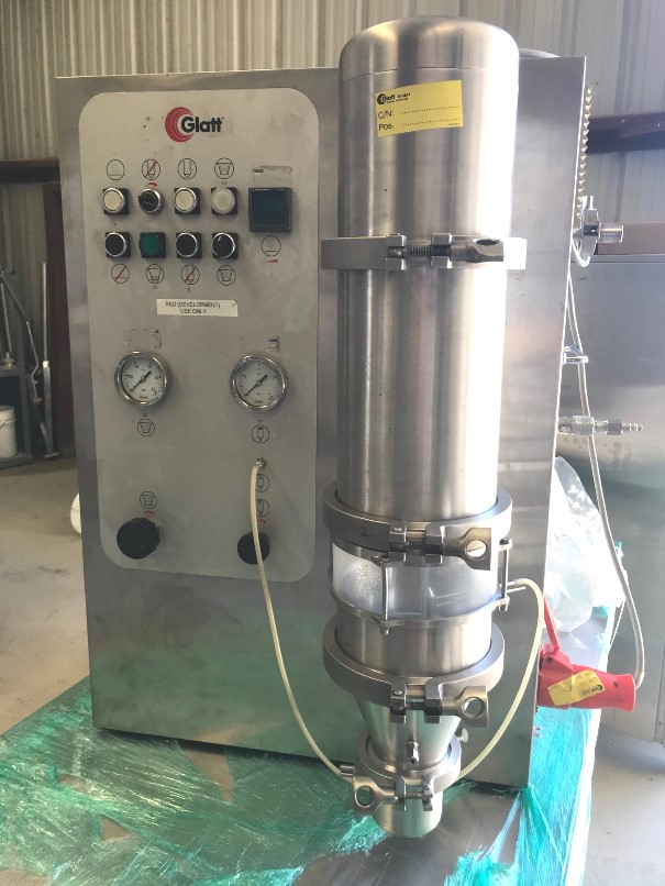 ***SOLD*** used Glatt Mini-Glatt 3 Fluid Bed Dryer. Sanitary. Units used for Drying, Granulating, Agglomerating, Coating and bottom / top spray process. Batch size: 25 g - 375 g. Output: Cubic feet: 565 per hour. Air consumption: 6 bar. 16 cubic meter per hour at 6 bar air consumption. Stainless steel construction.  