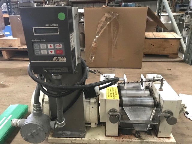 used Ross 3 Roll Mill, Bench Top Model 2.5x5 TRM. Has stainless steel type 440C hardened precision ground rolls with adjustable Teflon end plates. 0.5 HP. 208-230/460 volt Explosion Proof (XP) motor. Rolls are cored to allow water cooling or heating.