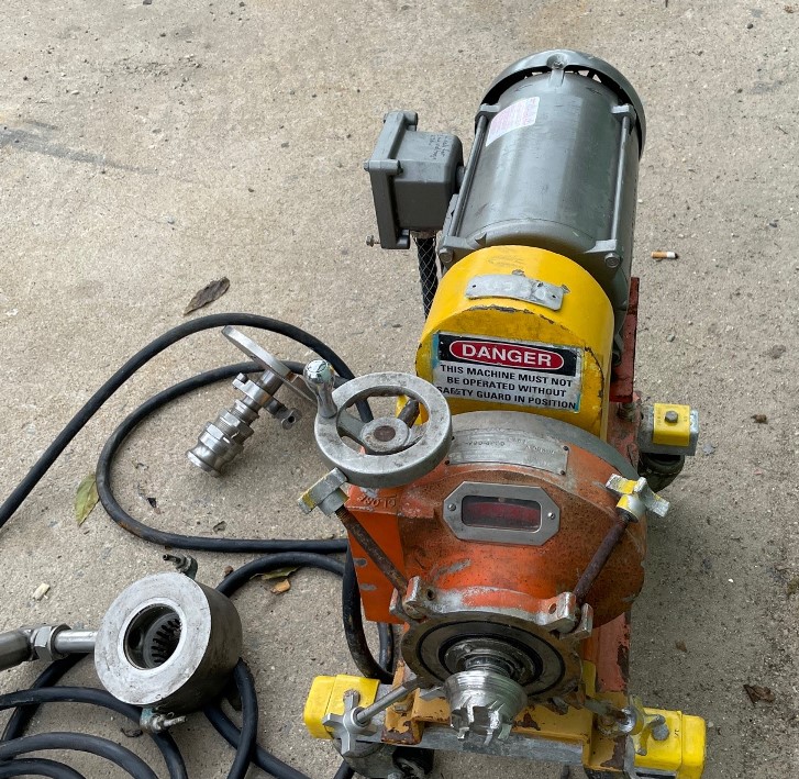 used Greerco, Giffor-Wood Stainless Steel Colloid Mill Model W250V.  On cart with wheels. Rotor and stator have a lot of wear. Driven by 2/1.5 HP XP drive. 