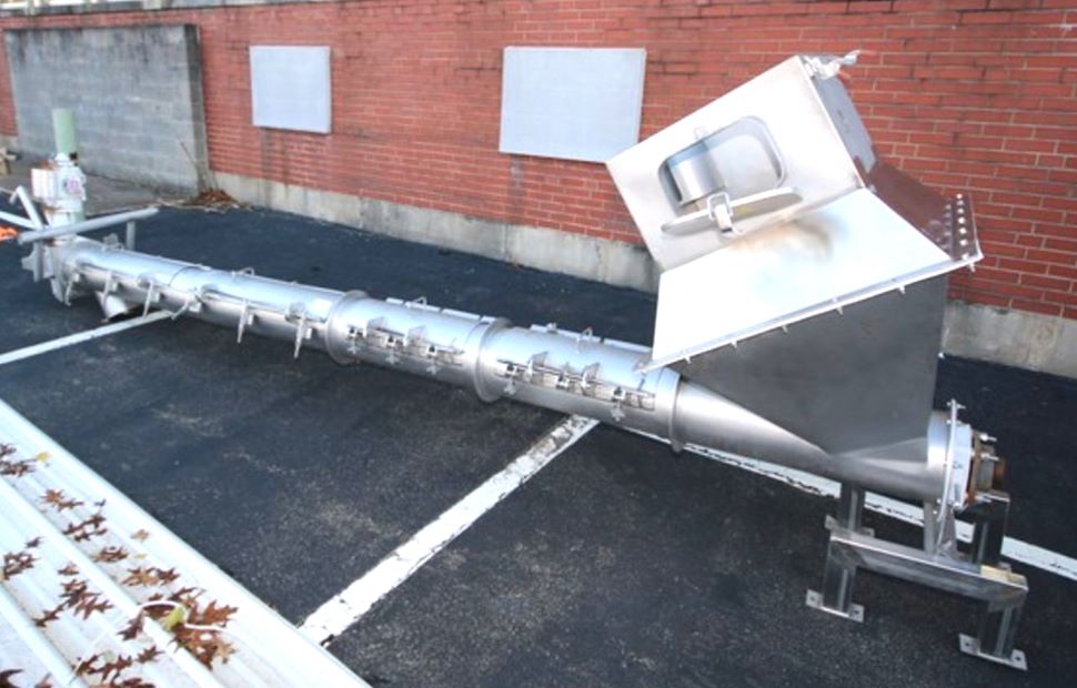 Used Stainless Steel Sanitary Inclined Screw Conveyor.  Built by AccuRate. Screw is Aprox. 9