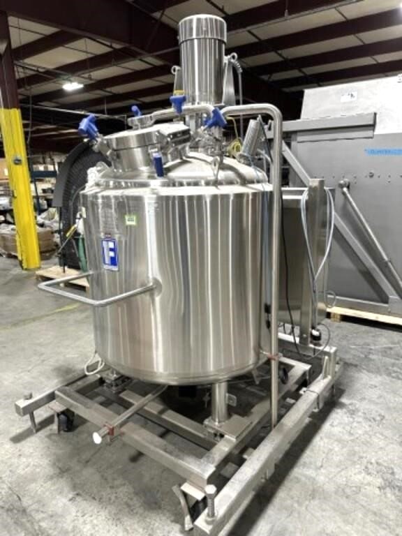 Feldmeier 800 Liter (200 Gallon) Sanitary Reactor with 7.5 HP Silverson High Shear Mixer model FXH60 with John Crane Type 2800 Barrier Gas System. Rated 45/FV PSI @ 350 Deg.F. internal.  Jacket rated 100/FV PSI @ 350 Deg.F.  Has (2) Spray balls for CIP. Unit equipped with control panel including scale readout and load cells.  Last used in Pharmaceutical facility.