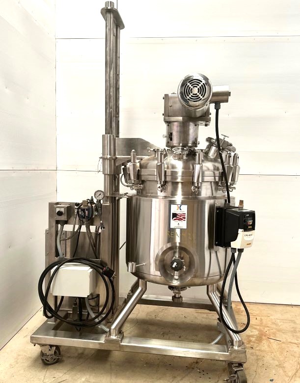 (40 Gallon) 150 Liter Holloway Stainless Steel  Reactor/Vessel with Scrape Agitation. 316L Stainless Steel. Rated 60 PSI/Full Vacuum @ 350 Deg.F., MDHT -20F at 60 PSI, .187 Shell.  Jacket rated 92 PSI @ 350 Deg.F., MDMT -20F at 92 PSI, MAEWP 15 PSI at 350F. Stainless Steel Motors Inc. Model XPE2C02N04BIT Mixer Hazardous Duty (XP) 2 HP, 1750 RPM, 208-230/460 volt into gear reducer. Includes Vari-Speed controller. Has Automatic Top Head Lift system. Sanitary construction. Overall: 91