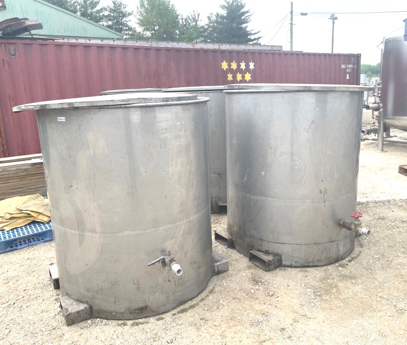 (2) used 350 Gallon Stainless Steel Portable tote tanks with forklift Slots.  Dish bottom, open top with lift off lid.  1.5