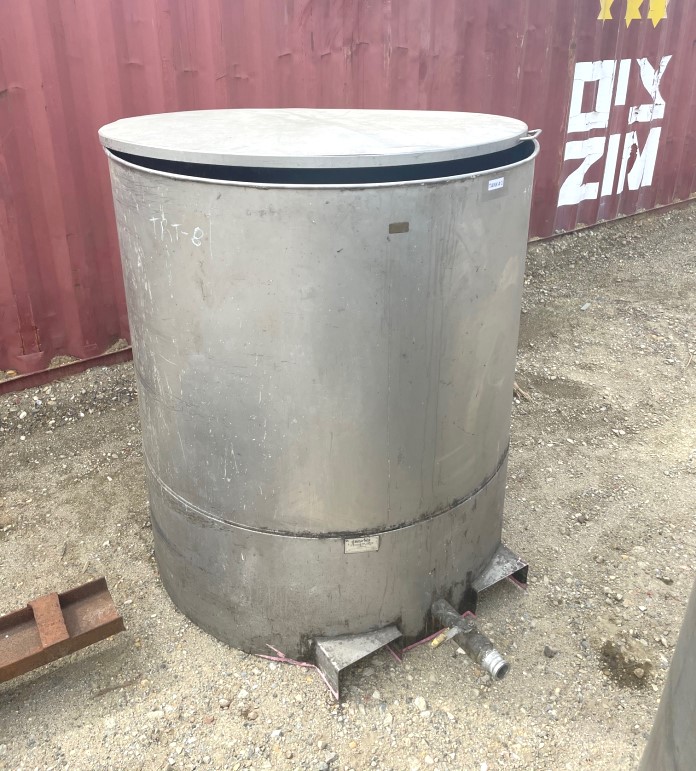 (2) used 400 Gallon Stainless Steel Portable tote tanks with forklift Slots. Dish bottom, open top with lift off lid. 2