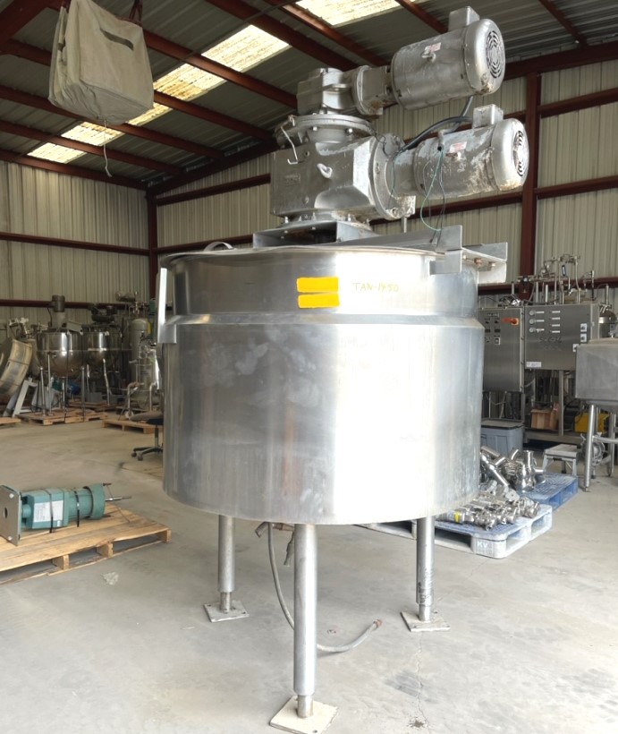 used 300 Gallon Cherry Burrell Jacketed Mix Kettle with Double Motion Scrape Surface Agitation. 316 Stainless Steel.  Jacket is 304SS Rated 150 PSI @ 400 Deg.F.  Dish Bottom with 3