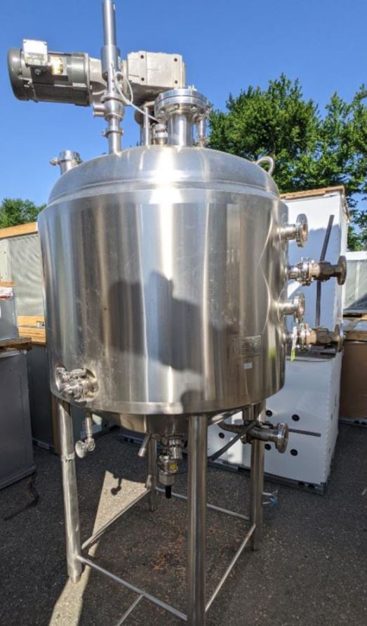 ***SOLD*** used 300 Gallon APV Jacketed Vacuum Processor / Kettle with Sweep Mixer Scrape surface agitation. Shell is 316L Stainless Steel Rated 40 PSI/Full Vacuum @ 350 Deg.F.. Jacket Rated 105 PSI @ 350 Deg.F.. National Board NO. 9819, 57 in. dia. x 36 in. straight side, 15 in. cone bottom, dome top, top agitation, 3 HP Explosion Proof (XP) motor, full sweep, stationary baffle, dual spray balls.  Also has top flange to add a high shear type mixer (not included).  Top Ports: 18 in. dia. manway, (1) 4.5 in. flange fitting port, (3) 4 in. sanitary fitting ports, (5) 2 in. sanitary fitting ports, (1) 1.5 in. sanitary fitting port, Side ports: (1) 2.5 sanitary fitting port, (1) 2 in. sanitary fitting port, Bottom ports: (2) 1 in. female thread ports, (1) 2.5 in. male thread port, (1) center discharge 3.5 in. flange fitting port, with APV pneumatic 2 way ball valve, 2 in. sanitary fitting ports, 33 in. tall discharge height, Jacket ports: (6) 2 in. flange ports (4 on side, 2 on cone). USDA Model CCA, (3) picking eyes, Adjustable legs. Last used in Sanitary Food Plant. Jacketed tested good. Overall dimensions: 69 in. long x 59 in. wide x 121 in. tall