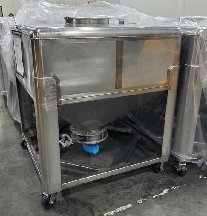 (10) used 36 Cu.Ft. 316 Stainless Steel Portable Totes/Tanks on Wheels. Built by Tote Systems/Custom Powder Systems. 4' x 4' x 57