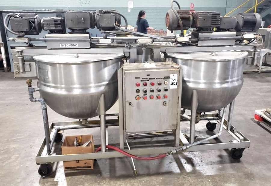 (2) 60 Gallon LEE Jacketed Double Motion Mix Kettles/addition makeup tanks on Portable base.  Model 60D10T.  Units have sweep with scrapper blades and Tree style mixers. Jackets rated 125 PSI @365 Deg.F. NB#'s. Jackets and mixers tested good. Last used in sanitary food production. 