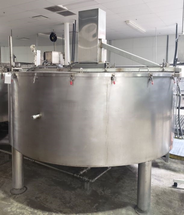 (3) 500 Gallon Groen Cooker/Cooling Kettles with Sweep Agitation and scraper blades. Jacket rated 50 PSI @ 200 Deg.F.  Driven by 2 HP motor.  Dish Bottom and flat top with hinged lids. Approx. 3