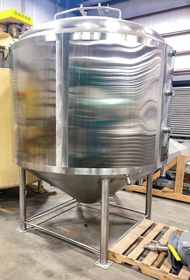 ***SOLD*** 1000 gallon Cone Bottom Jacketed Sanitary Processor/Kettle with Sweep Agitation Scraper blades.  3 HP mixer. Jacket rated 50 PSI. Built by St. Regis.  Jacketed tested good. Approx 112