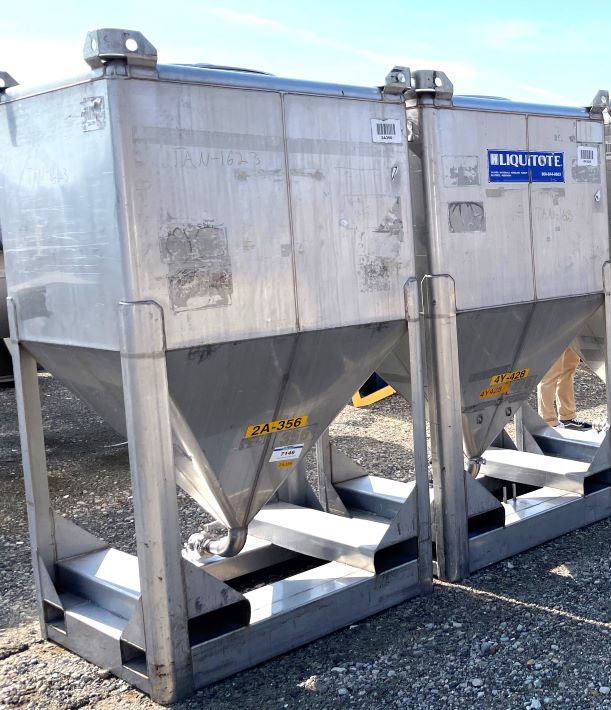 (11) 425 Gallon Liquid Totes, 316L Stainless Steel. Built by LIQUITOTE. Overall 48
