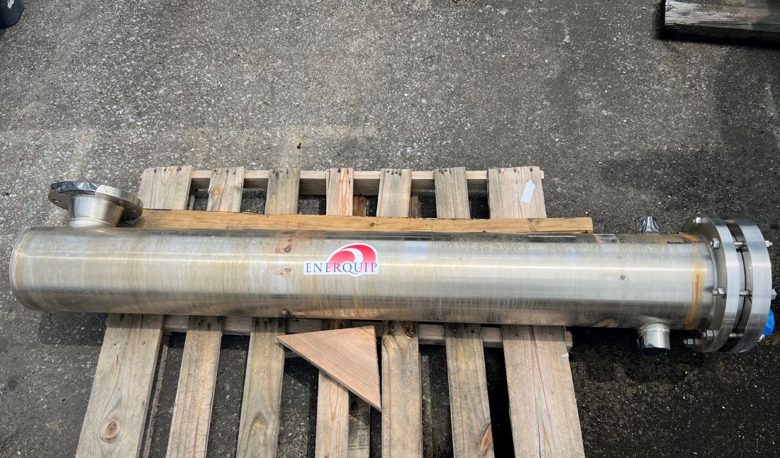 used Approx 50 Sq.Ft ENERQUIP INC. STAINLESS STEEL SHELL AND TUBE HEAT EXCHANGER, SANITARY CONSTRUCTION. Shell and tubes rated 150 PSI @ 375 Deg.F. Has (44) 3/4