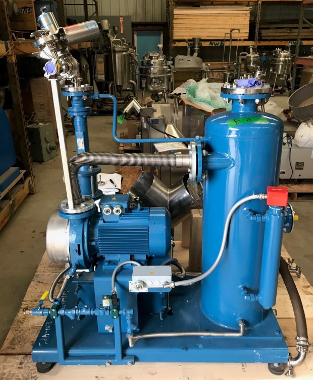 ***SOLD*** used Sterling SIHI Liquid Ring Vacuum Pump Skid model LEMA 251CZ. Rated 250 M3/H.  Suction pressure 10 Bar.  1750 rpm. Motor is 8KW. Compact Modular Systems Skid has heat exchanger, separator and more. Last used in pharmaceutical application. 