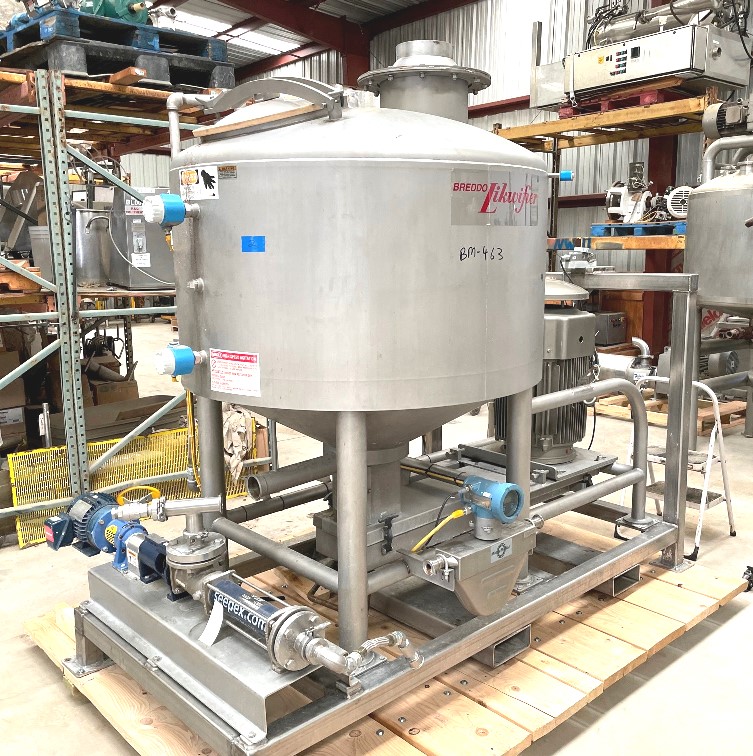 ***SOLD*** Breddo 200 gallon Likwifier/Liquifier/Liquefier Model LOR-200.  S/N D-573996 2 13115. Drive is 50 HP, 230/460 volt, 1760 rpm motor. Includes Sepex model NS-5-6L Feed Pump and Micromotion Model R100S Flow Meter.  Last used in food plant. 