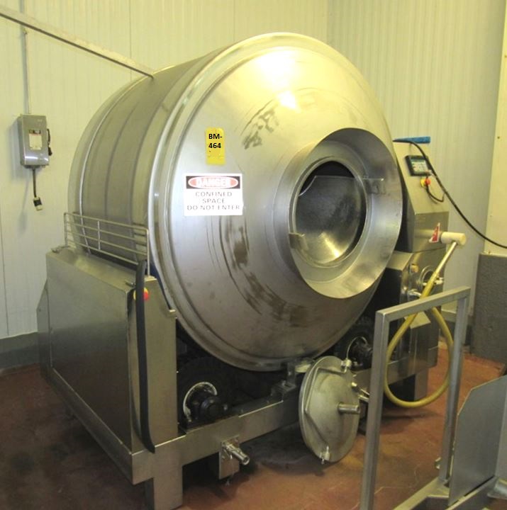 ***SOLD*** used Gunther Model GPC2200K Stainless Steel Vacuum Meat Tumbler/Marinator.  Capacity is 2200 Liter (77 Cu.Ft.)  S/N #251137/BJ98, 400 volts, 3 phase, 6' Dia. X 4' L drum. With touchscreen controls.  No Vacuum pump included. Last used in sanitary food plant. 