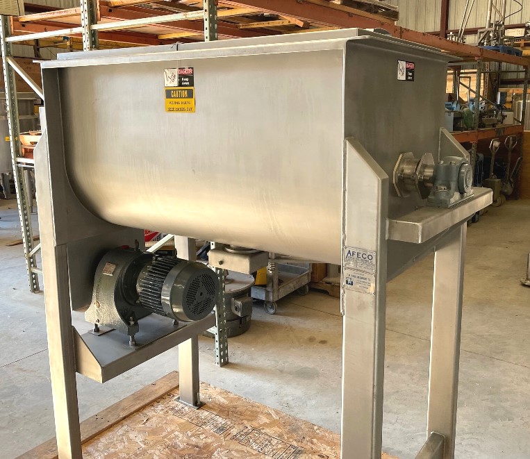 used 10 Cu.Ft. Stainless Steel Sanitary Ribbon blender built by American Food Equipment Co. (AFECO) Model 510. Trough is 48