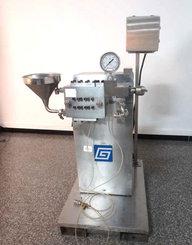 used APV Gaulin Stainless Steel Homogenizer.  Model 30CD887, single stage stainless steel homogenizer. Equipped with ball valve cylinder and CD style valve seat. Rated for an output capacity of up to 30 gallons per hour with a maximum operating pressure of up to 15,000 psi. Manual homogenizing valve actuator assembly with a 1