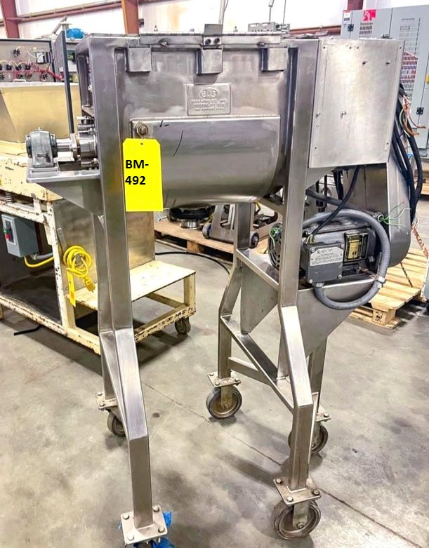 Used B&G 1.5 CU.FT. Jacketed Stainless Steel Ribbon Blender. 0.75 HP Drive.  Trough is 12