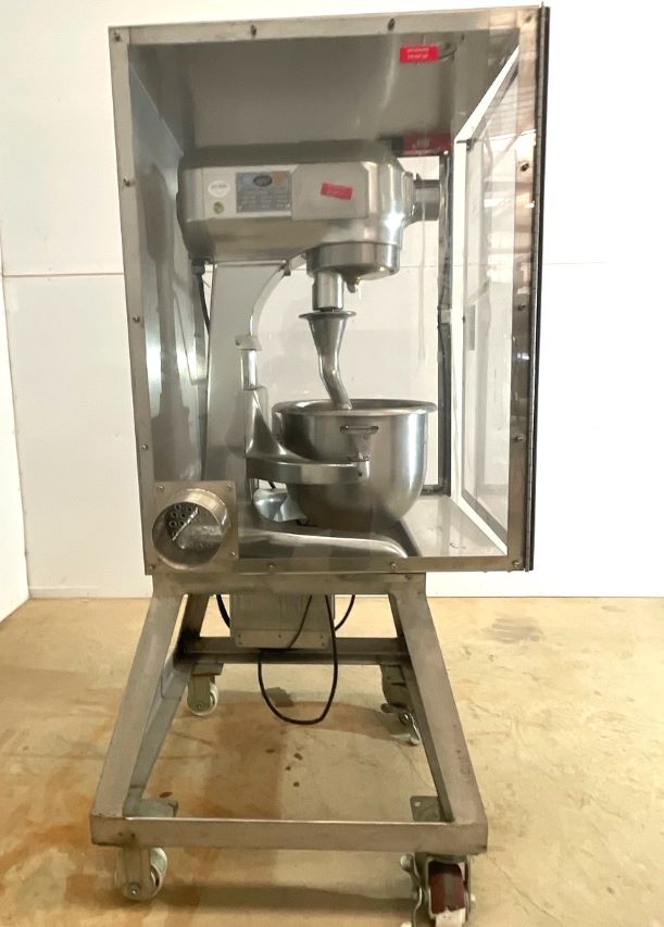 used Hobart model A-200-D Commercial 20 Quart Dough Mixer with Stainless Steel housing. SN: 1499102, Electrical: 115V, 60Hz, 8.2Amps, 1 Phase. Includes dough hook.  On portable cart with plexiglass enclosure.  Bakery equipment.
