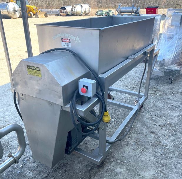 used FMC Sanitary Paddle Type Blender approx 15 CU.FT. (100 GALLON). Driven by 5 HP, 208/360 volt, 1750 rpm, 60 Hz motor into gearbox with 52 RPM output. Trough is 2' w x 5' lgth x 2'4