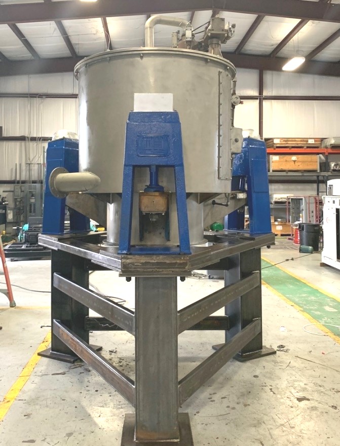 ***SOLD*** Rebuilt and unused Western States 48” X 30” Basket Centrifuge. Top Load, Bottom Dump. 316 Stainless Steel, Model Q-320 (SLUG-A-THON). Has 40 HP Explosion Proof (XP) Motor, 1180 RPM, 230/460 volt motor. Air Operated Plow. No tag on unit. Has stand. Shipping dims: 98