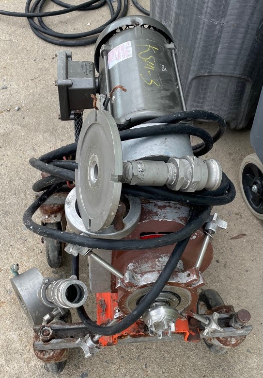 used Greerco, Giffor-Wood Stainless Steel Colloid Mill Model W250VB.  On cart with wheels. Rotor and stator have a lot of wear. Driven by 2/1.5 HP XP drive. 