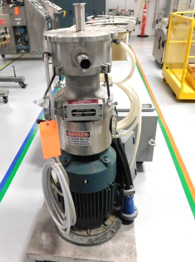 GREERCO Model W750V In-Line Colloid Mill, high shear mixer. Has stainless steel adjustable rotor/stator. Nominally rated 30-120 gpm depending on gap settings. The rotor-stator gap can be adjusted on-the-fly by turning a hand wheel. Changing the gap setting allows the user to modify the shear rate applied to the fluid and achieve the desired process results. Mounted on portable cart. Last used in Sanitary Pharmaceutical application.
