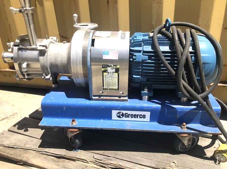 GREERCO Model W500H In-Line Colloid Mill/High Shear Mixer. Horizontally mounted. Has stainless steel adjustable rotor/stator.  Inlet hopper.  Portable, on wheels/casters. 10 HP.  Last used in Sanitary Food application.